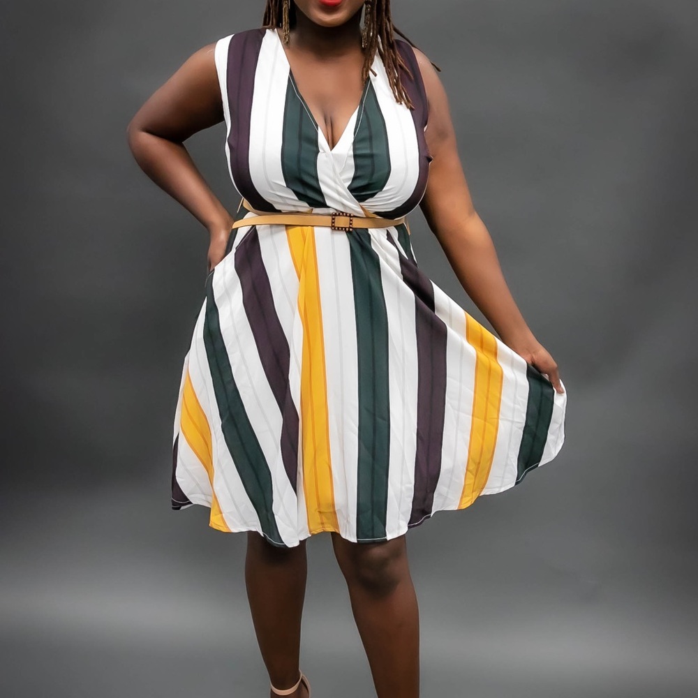 Stripy multicolour A line dress with belt